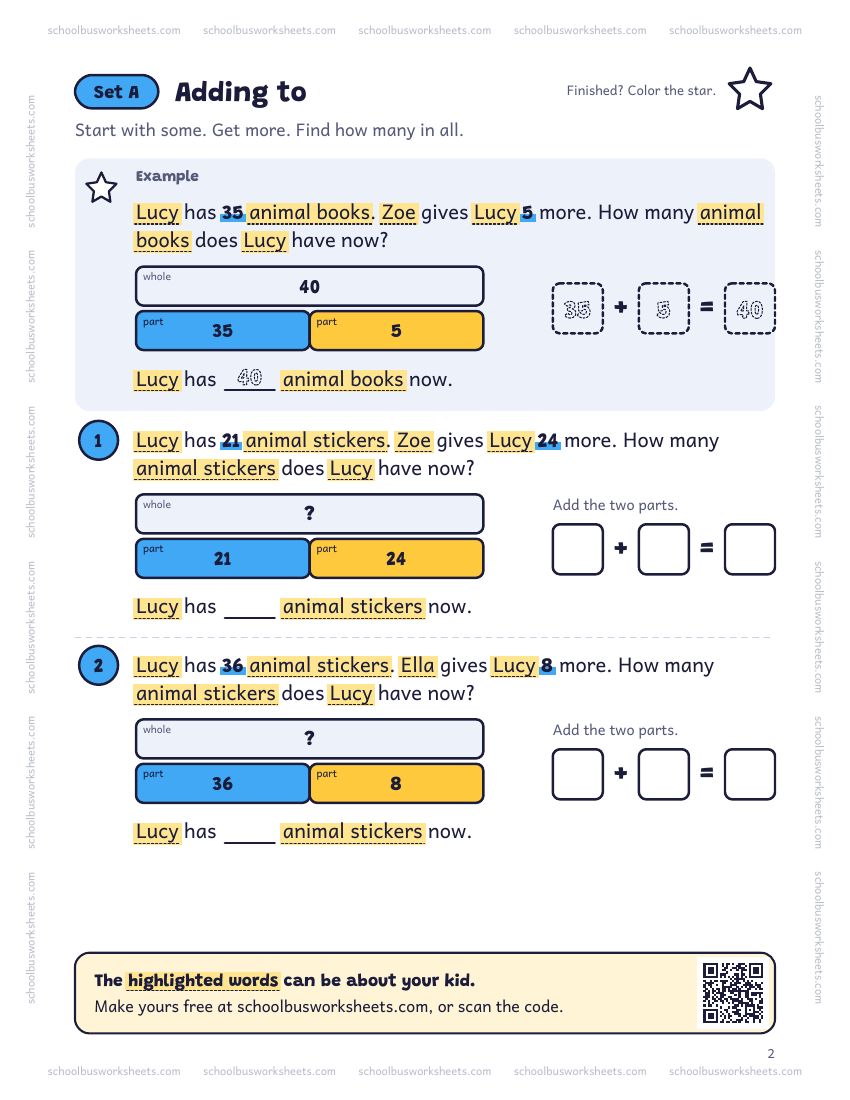 Page 2 of the worksheet. Set A, Adding to. A solved example and 2 questions about Lucy, with pictures to count and boxes for the answers.