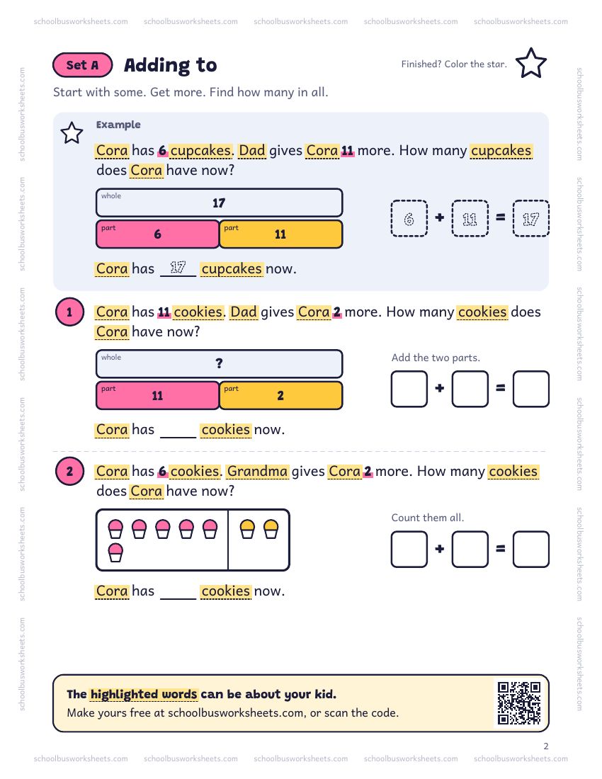 Page 2 of the worksheet. Set A, Adding to. A solved example and 2 questions about Cora, with pictures to count and boxes for the answers.