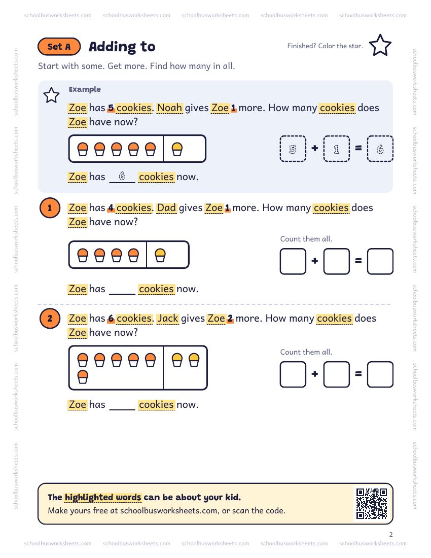 Page 2 of the worksheet. Set A, Adding to. A solved example and 2 questions about Zoe, with pictures to count and boxes for the answers.