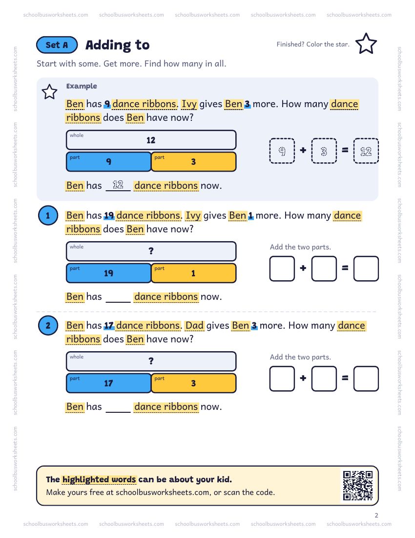 Page 2 of the worksheet. Set A, Adding to. A solved example and 2 questions about Ben, with pictures to count and boxes for the answers.