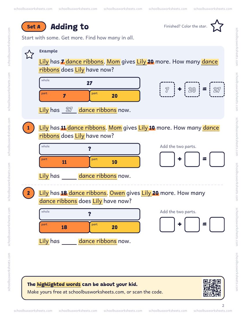 Page 2 of the worksheet. Set A, Adding to. A solved example and 2 questions about Lily, with pictures to count and boxes for the answers.