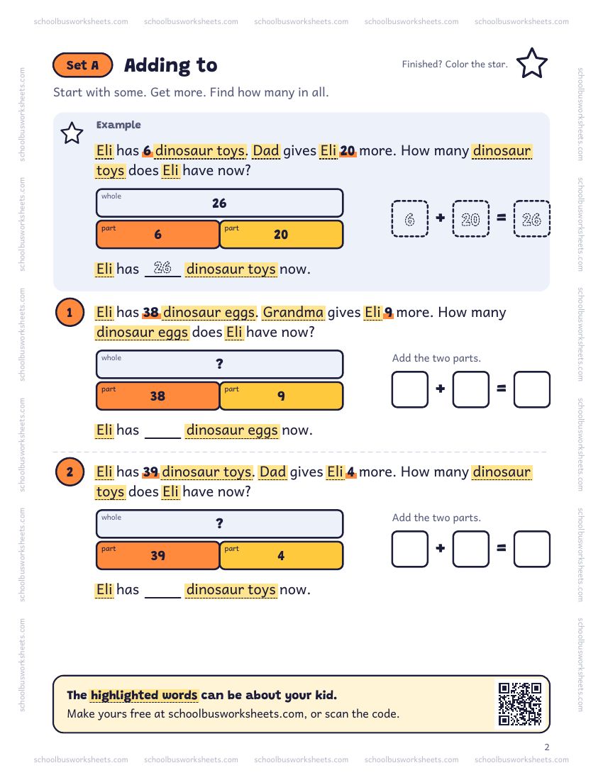 Page 2 of the worksheet. Set A, Adding to. A solved example and 2 questions about Eli, with pictures to count and boxes for the answers.