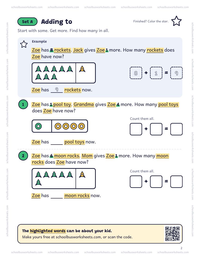 Page 2 of the worksheet. Set A, Adding to. A solved example and 2 questions about Zoe, with pictures to count and boxes for the answers.