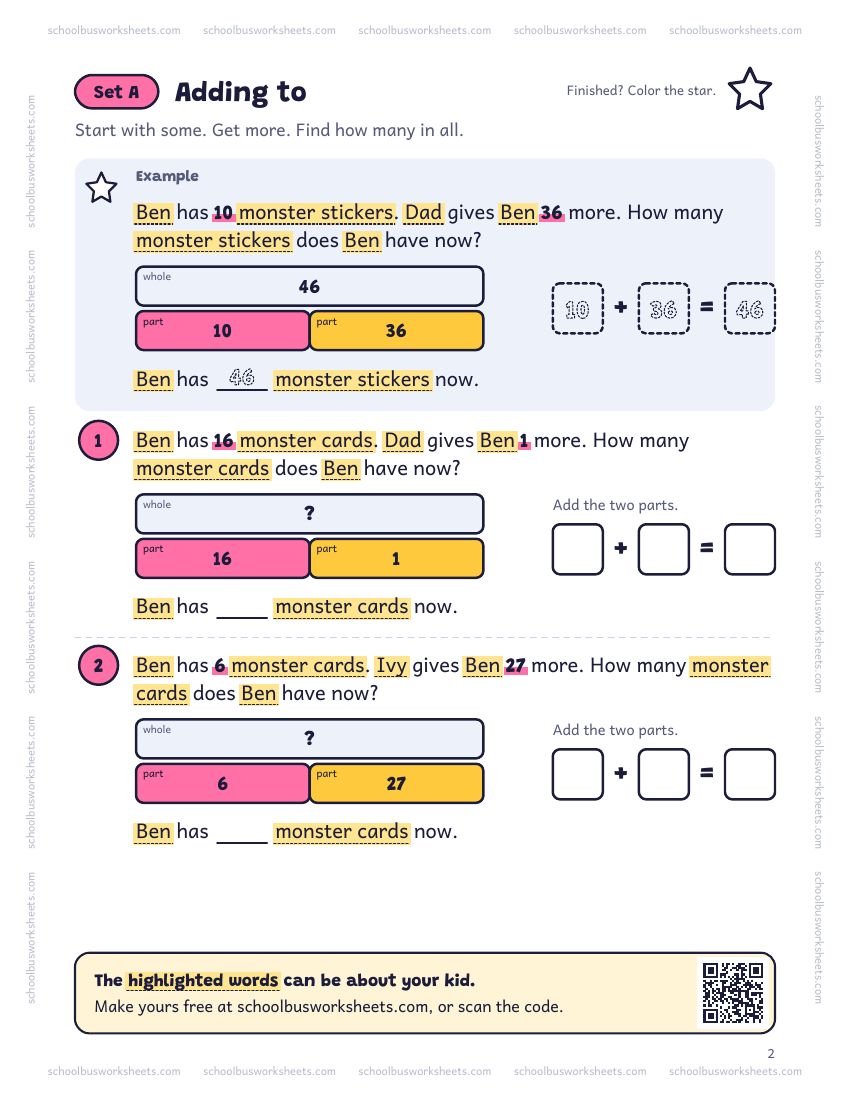 Page 2 of the worksheet. Set A, Adding to. A solved example and 2 questions about Ben, with pictures to count and boxes for the answers.