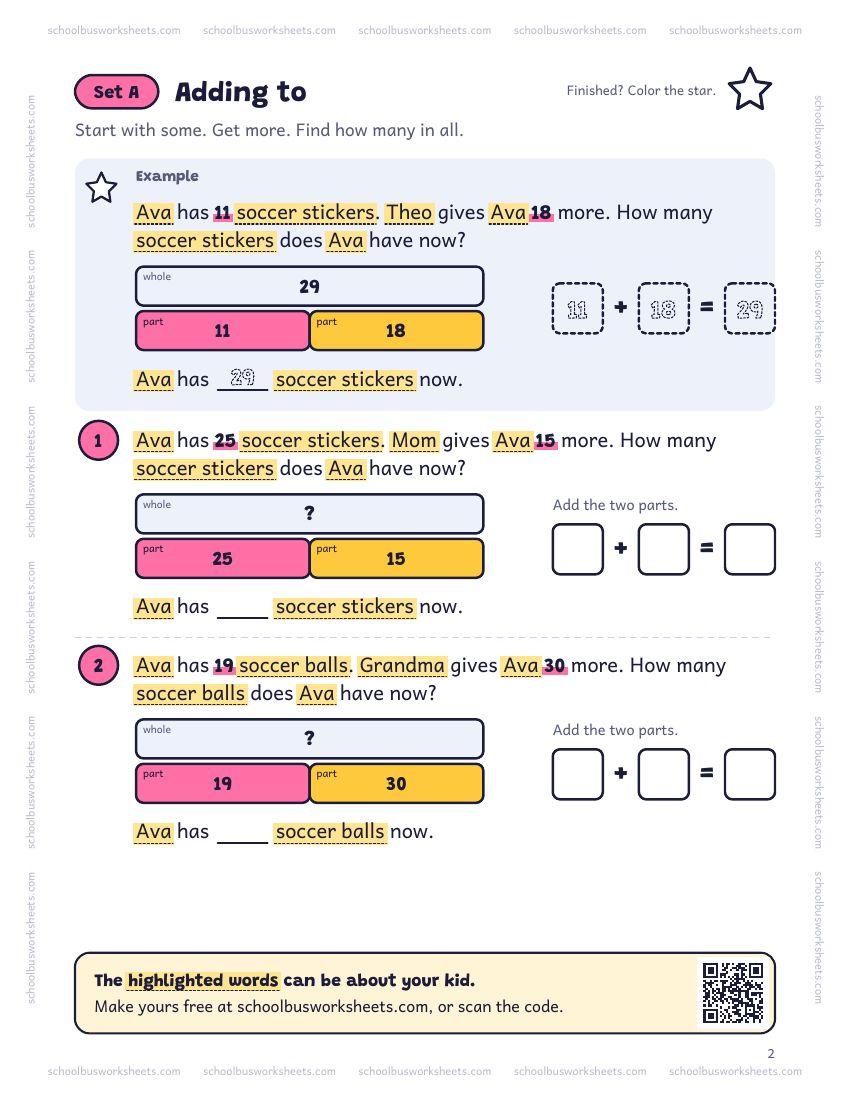 Page 2 of the worksheet. Set A, Adding to. A solved example and 2 questions about Ava, with pictures to count and boxes for the answers.