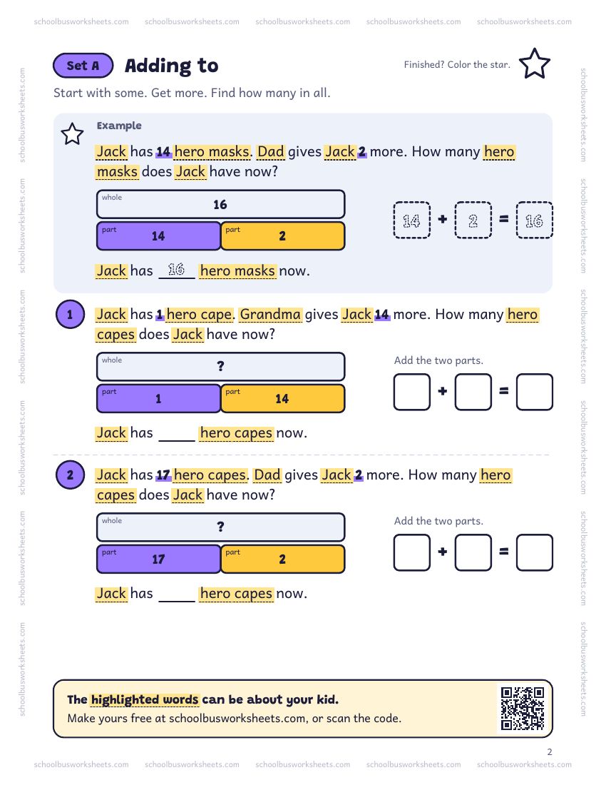Page 2 of the worksheet. Set A, Adding to. A solved example and 2 questions about Jack, with pictures to count and boxes for the answers.