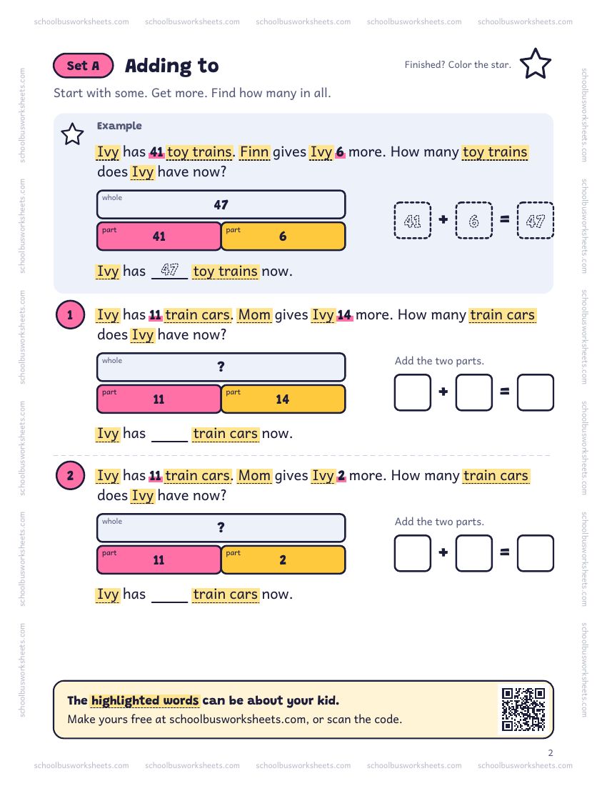 Page 2 of the worksheet. Set A, Adding to. A solved example and 2 questions about Ivy, with pictures to count and boxes for the answers.