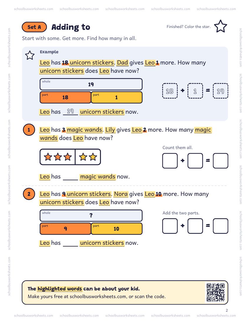 Page 2 of the worksheet. Set A, Adding to. A solved example and 2 questions about Leo, with pictures to count and boxes for the answers.