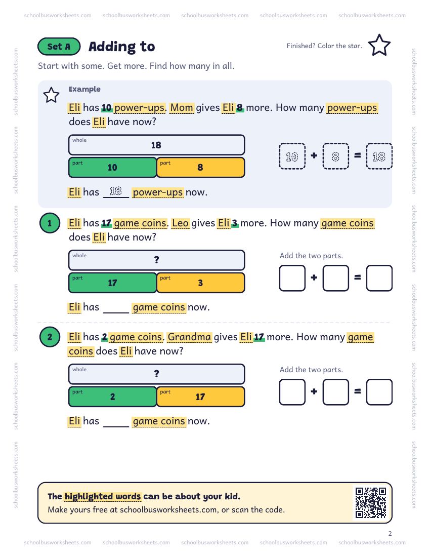 Page 2 of the worksheet. Set A, Adding to. A solved example and 2 questions about Eli, with pictures to count and boxes for the answers.